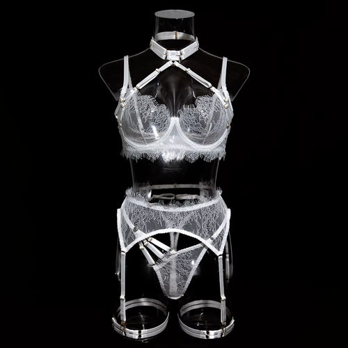Fancy Lingeries Sexy Hot Halter Bra See through Outfit Ensemble Attractive Chest Suspenders Sensual Underwear 5-Piece
