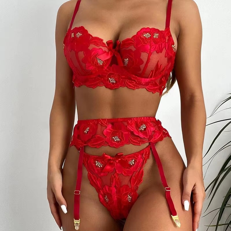 S-2XL Temptation Lace Bra Seduction Lingerie Garter Set Sexy Push up Underwire Cup Bra Underwear Panties Garter Set #0564