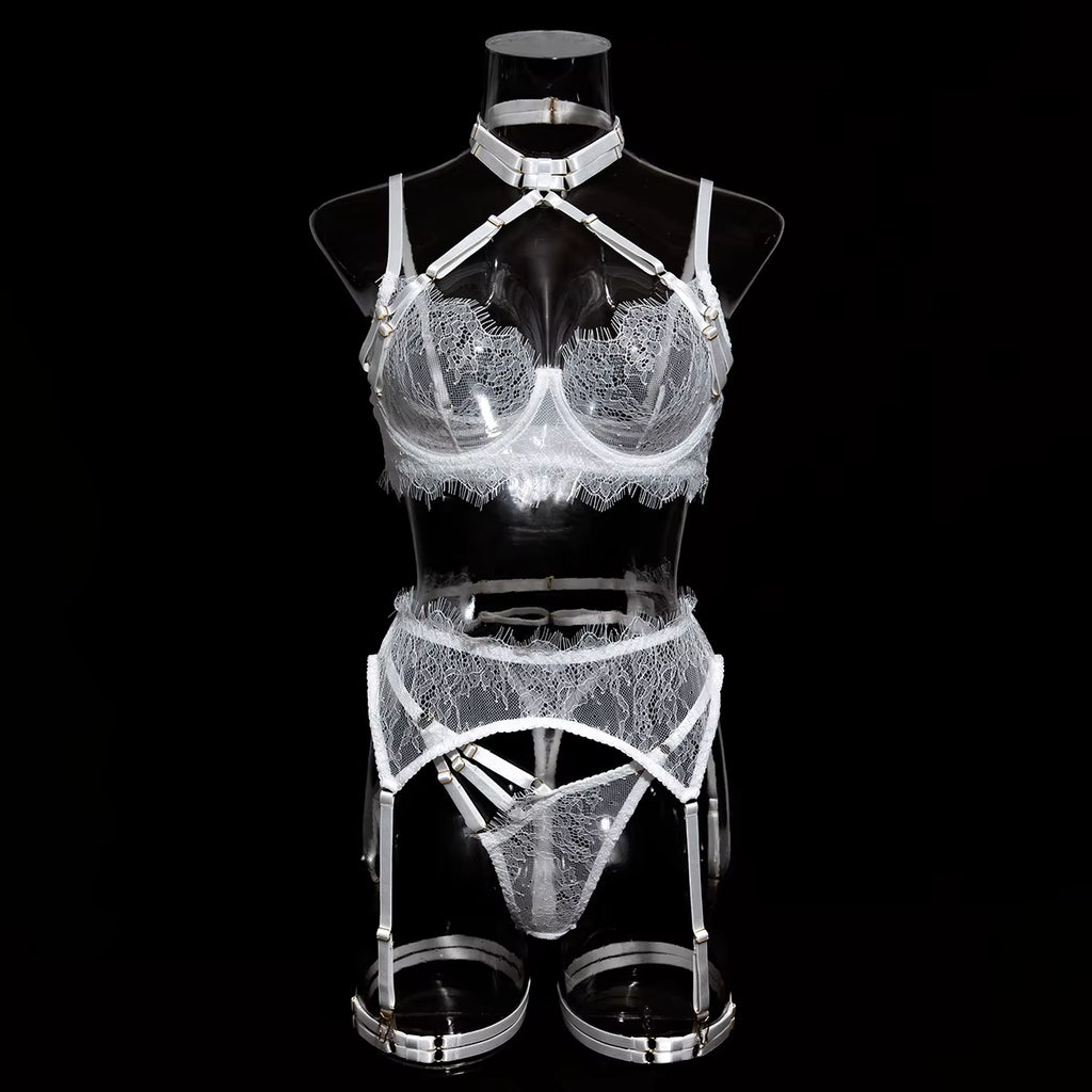 Fancy Lingeries Sexy Hot Halter Bra See through Outfit Ensemble Attractive Chest Suspenders Sensual Underwear 5-Piece