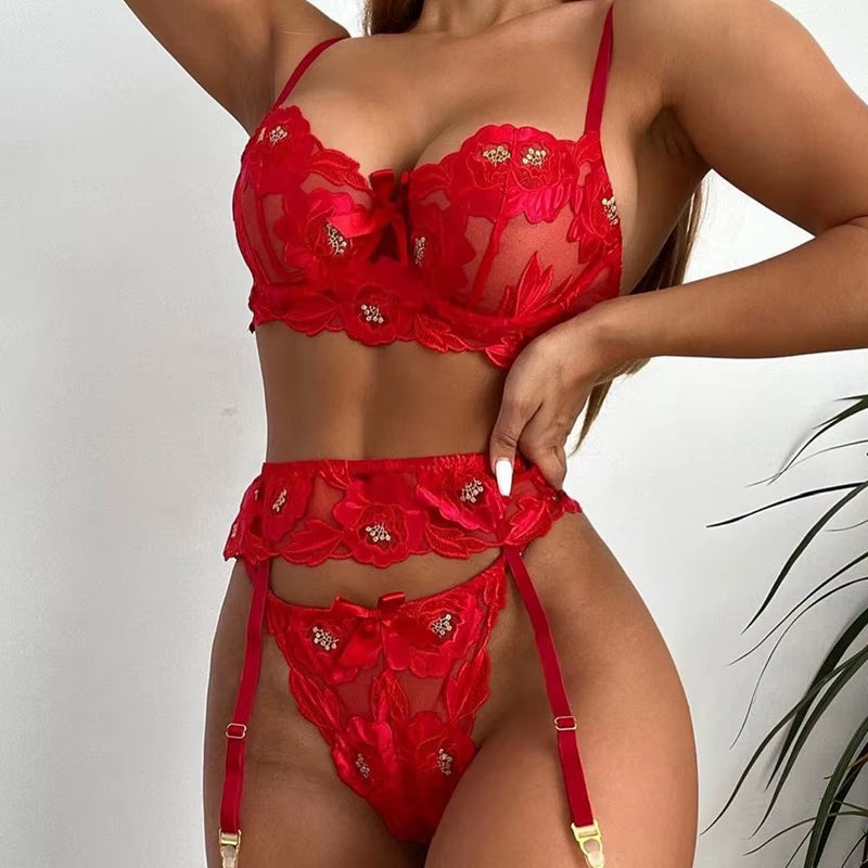S-2XL Temptation Lace Bra Seduction Lingerie Garter Set Sexy Push up Underwire Cup Bra Underwear Panties Garter Set #0564