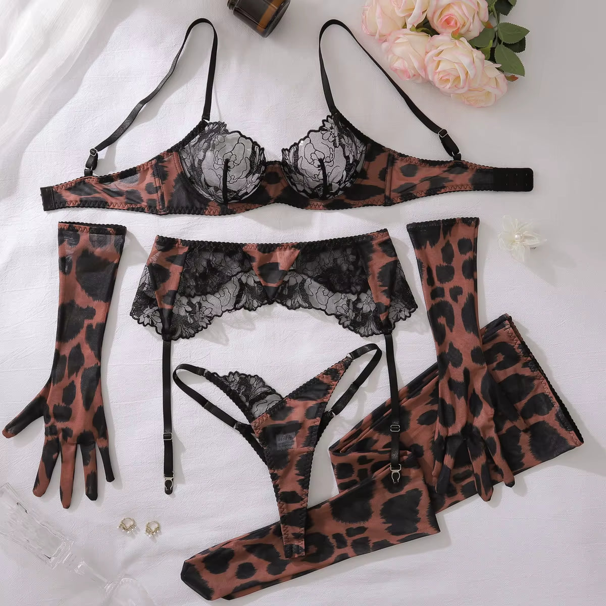 Women'S Splicing Underwear Super Sexy Lace Leopard Pattern Gloves Silk Socks Underwear Set Five Piece Set 1562