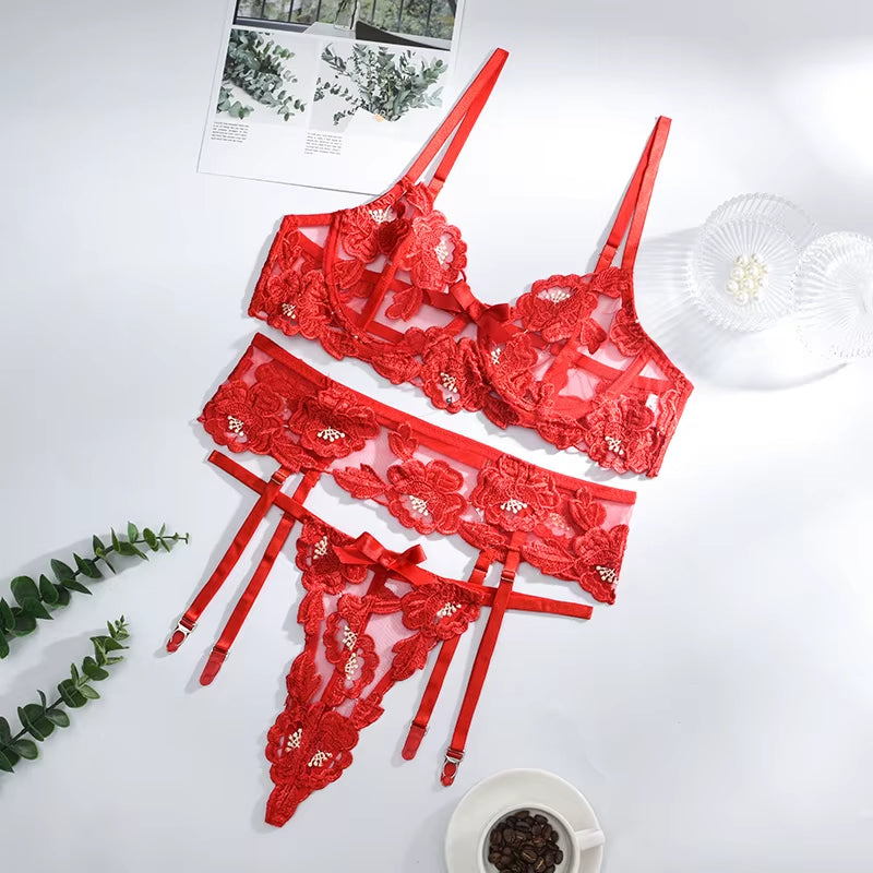 S-2XL Temptation Lace Bra Seduction Lingerie Garter Set Sexy Push up Underwire Cup Bra Underwear Panties Garter Set #0564