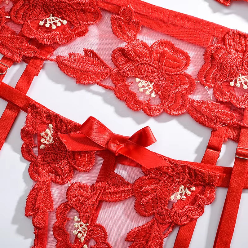 S-2XL Temptation Lace Bra Seduction Lingerie Garter Set Sexy Push up Underwire Cup Bra Underwear Panties Garter Set #0564